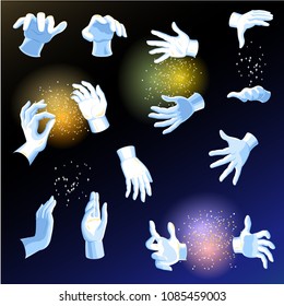 Magic hands vector magician or illusionist holding magical wand or glow ball in arms illustration of cartoon character hands showing mystery performance isolated on background