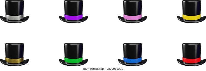 Magic hat 3D cartoon plastic style vector icons set. Realistic wizard tool. Illusionist black cylinder hat with colorful ribbon for focus trick. Fun party, celebration, festival, carnival decoration