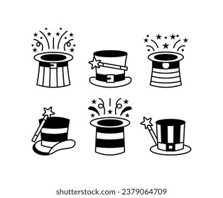 magic hat black and white icons vector design with wand stick star for circus, mystery, magic trick collections isolated set