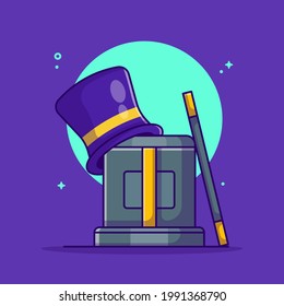 Magic Hat and Magic Box with Magic Wand Vector Cartoon Illustrations