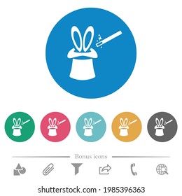 Magic hat with bunny ears flat white icons on round color backgrounds. 6 bonus icons included.