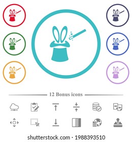Magic hat with bunny ears flat color icons in circle shape outlines. 12 bonus icons included.