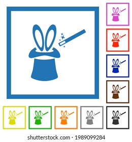 Magic hat with bunny ears flat color icons in square frames on white background