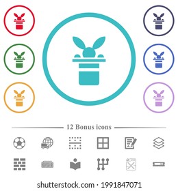 Magic hat with bunny ears flat color icons in circle shape outlines. 12 bonus icons included.