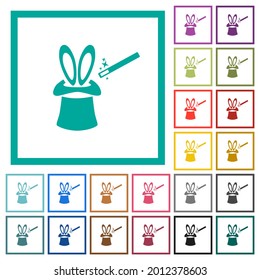 Magic hat with bunny ears flat color icons with quadrant frames on white background