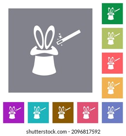 Magic hat with bunny ears flat icons on simple color square backgrounds