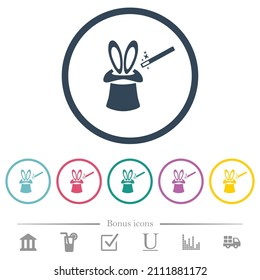 Magic hat with bunny ears flat color icons in round outlines. 6 bonus icons included.