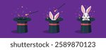 Magic hat with bunny ears. Magician hat with rabbit. Circus show, abracadabra wand. Vector illustration