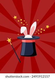 Magic hat with bunny ears. Magician hat with rabbit. Circus show, abracadabra wand. Magic rabbit in hat, bunny trick. Vector illustration