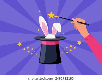 Magic hat with bunny ears. Magician hat with rabbit. Circus show, abracadabra wand in magicians hand. Magic rabbit in hat, bunny trick. Vector illustration