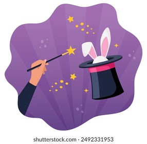 Magic hat with bunny ears. Magician hat with rabbit. Circus show, abracadabra wand in magicians hand. Magic rabbit in hat, bunny trick. Vector illustration