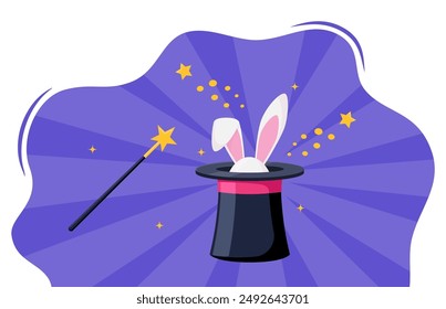 Magic hat with bunny ears. Magician hat with rabbit. Circus show, abracadabra wand. Magic rabbit in hat, bunny trick. Vector illustration