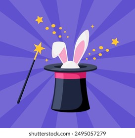 Magic hat with bunny ears. Magician hat with rabbit. Circus show, abracadabra wand. Magic rabbit in hat, bunny trick. Vector illustration