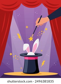 Magic hat with bunny ears. Magician hat with rabbit. Circus show, abracadabra wand in magicians hand. Magic rabbit in hat, bunny trick. Vector illustration