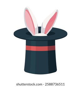 Magic hat with bunny ears. Magician hat with rabbit. Circus show. Magic rabbit in hat, bunny trick. Vector illustration