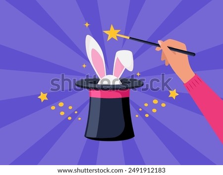 Magic hat with bunny ears. Magician hat with rabbit. Circus show, abracadabra wand in magicians hand. Magic rabbit in hat, bunny trick. Vector illustration