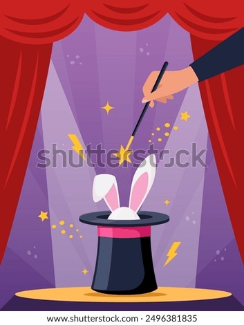 Magic hat with bunny ears. Magician hat with rabbit. Circus show, abracadabra wand in magicians hand. Magic rabbit in hat, bunny trick. Vector illustration