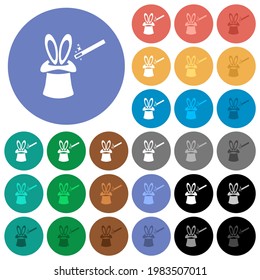 Magic hat with bunny ears multi colored flat icons on round backgrounds. Included white, light and dark icon variations for hover and active status effects, and bonus shades.