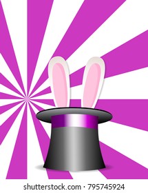 Magic hat with bunny ears on vibrant colorful pink and white sunburst rays pattern background. Magic show perfomance poster. Vector Illustration. 