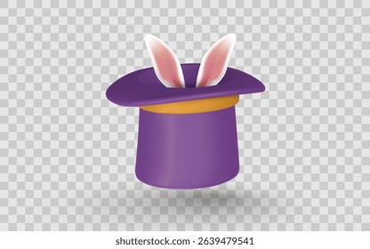 Magic Hat with Bunny Ears Popping Out in 3D Style on Transparent Background. Fun and Colorful Icon for Tricks, Shows, or Easter Designs. Vector Illustration.