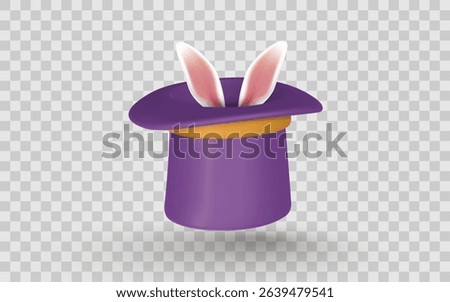 Magic Hat with Bunny Ears Popping Out in 3D Style on Transparent Background. Fun and Colorful Icon for Tricks, Shows, or Easter Designs. Vector Illustration.