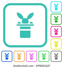 Magic hat with bunny ears vivid colored flat icons in curved borders on white background