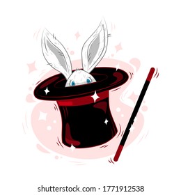 A magic hat with Bunny ears, a white rabbit in a hat with a magic wand in action and stars. Vector illustration in cartoon style. Isolated background.