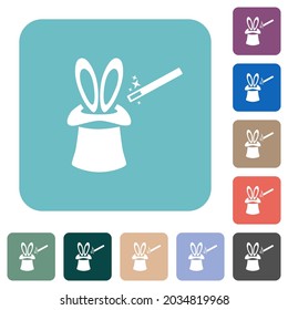 Magic hat with bunny ears white flat icons on color rounded square backgrounds