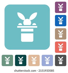 Magic hat with bunny head white flat icons on color rounded square backgrounds