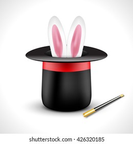 Magic hat with bunny rabbit ears. Magic show perfomance design poster template.