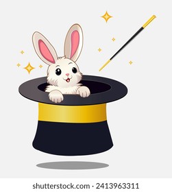 Magic hat with bunny vector illustration on with background. Magic hat with rabbit. bunny trick illustration