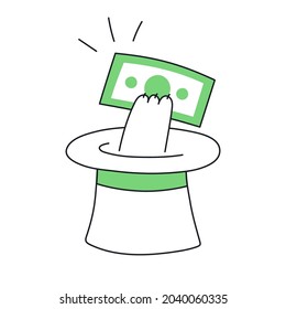 Magic hat and cat's hand with a dollar bill. Circus magician, magic trick, witchcraft or conjure money. Thin line vector illustration on white.