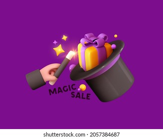 Magic Hat of conjurer with stick. Surprise gift box inside. Realistic 3d design. Vector illustration.