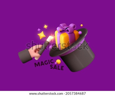 Magic Hat of conjurer with stick. Surprise gift box inside. Realistic 3d design. Vector illustration.