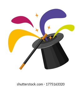 magic hat cylinder for magic tricks.  Vector illustration of hat and magic wand on a white background.  show magic tricks