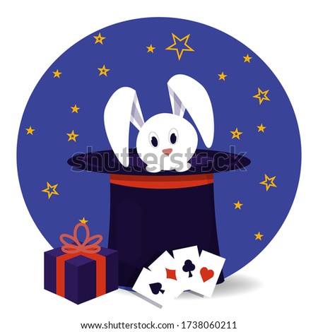 Magic hat, cylinder with white cute rabbit, mistery present and cards in round shape isolated on white background stock vector illustration. Magic show, holiday, party.