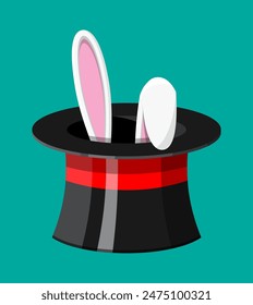 Magic hat with easter bunny ears. Illusionist hat with rabbit. Circus, magical show, comedy. Vector illustration in flat style