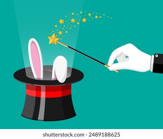 Magic hat with easter bunny ears and wizard wand. Illusionist hat with rabbit and stick. Circus, magical show, comedy. Vector illustration in flat style