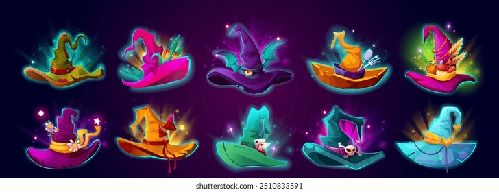 Magic hat for fantasy fairytale witch or wizard with vegetables and flowers, mushrooms and bones decoration and neon glow light. Cartoon vector magician costume cap for game ui and Halloween design.