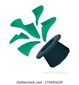 Magic hat and flaying money. Magician trick with hat and abstract isometric shapes. Metaphor of financial success and money prize win vector illustration. Part of set.