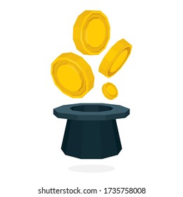 Magic hat and golden coins. Magician trick with hat and golden flaying golden coins. Metaphor of financial success and money prize win vector illustration. Part of set.