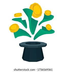 Magic hat and golden coins. Magician trick with hat and abstract isometric golden shapes and coins. Metaphor of financial success and money prize win vector illustration. Part of set.