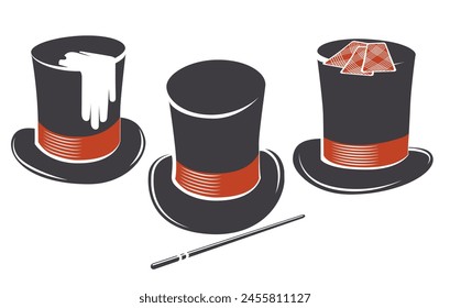 Magic hat graphics collection. Monochrome hats with magic wand white gloves playing cards isolated vector illustration