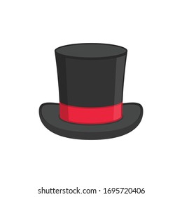 Magic hat icon isolated on white background. Black cylinder hat with red ribbon. Retro tophat in flat style. Vector illustration EPS 10.