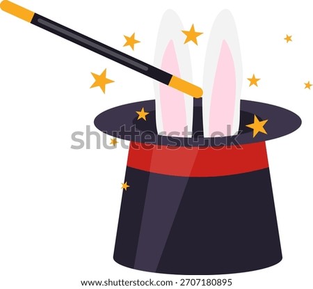 Magic hat, icon of a magic hat and wand with bunny ears. Magician's hat icon. Vector, cartoon illustration, poster, postcard. Vector image.