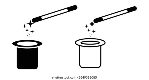 Ícone de chapéu mágico com varinha mágica, estrelas. Silhueta de chapéu mágico, boné, varinha, estrela, truque mágico sinal, símbolo de circo. Ilustração vetorial.