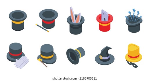 Magic hat icons set isometric vector. Magician rabbit. Bunny wizard
