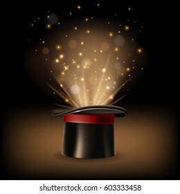 Magic hat with magic lights on dark brown background. Vector illustration.