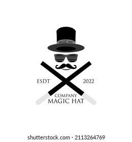 magic hat logo design, vector illustration of a magic hat and two magic wands wearing glasses and a thin mustache smiling sweetly