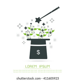 Magic hat and money Isolated object on white background ,Vector illustration